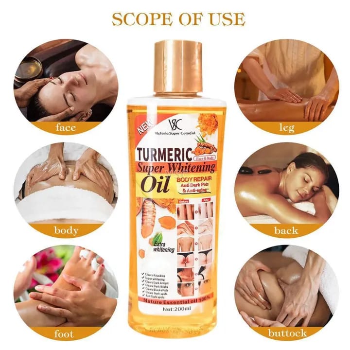 VSC Turmeric Oil ব্যবহারের জায়গা — মুখ, শরীর, পিঠ, হাত-পা